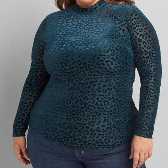 Lane Bryant Mobwife Sexy Date animal print green sheer flocked long sleeve 14/16 - Picture 1 of 8